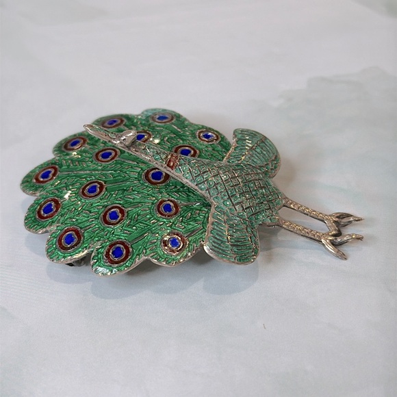 Vintage Siam Sterling silver Enamel Peacock Articulated Brooch Pin - Picture 2 of 7